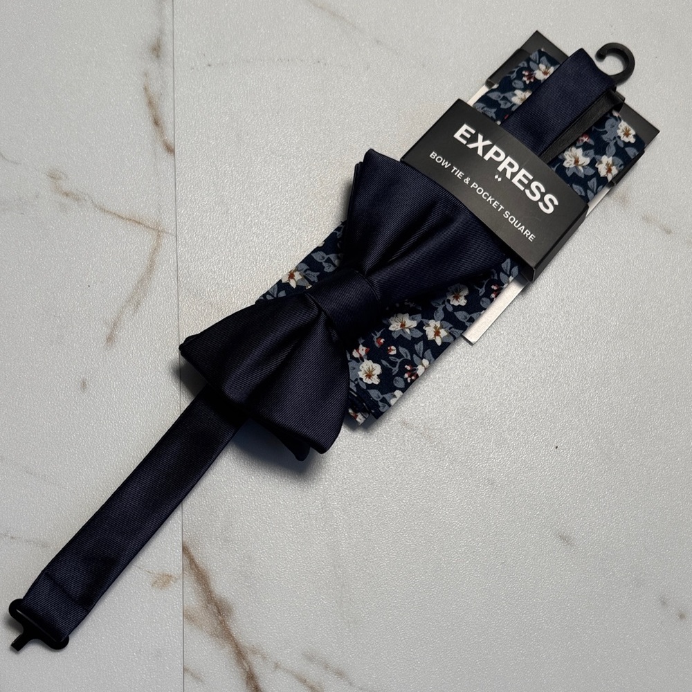 NWT Express Bow Tie & Pocket Square Floral Wedding Guest Tux Suit